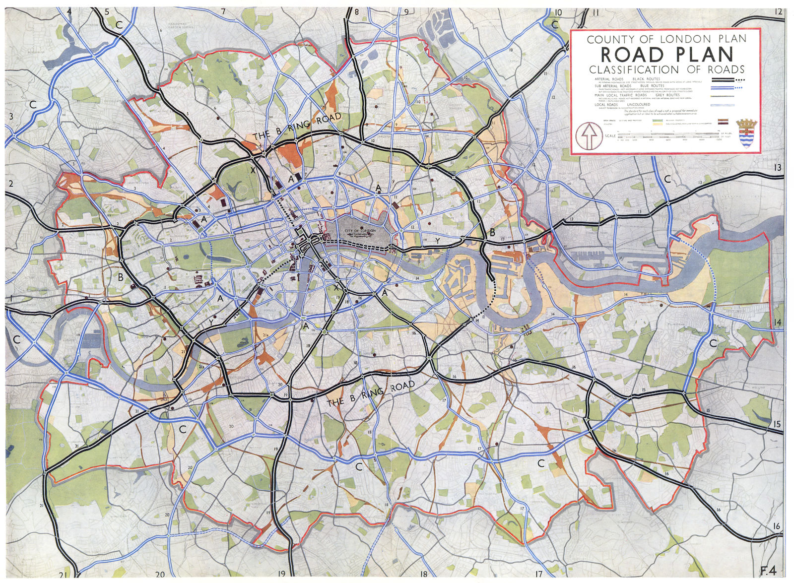 LONDON. Planned inner ring road system. Classification of Roads 1943 old map